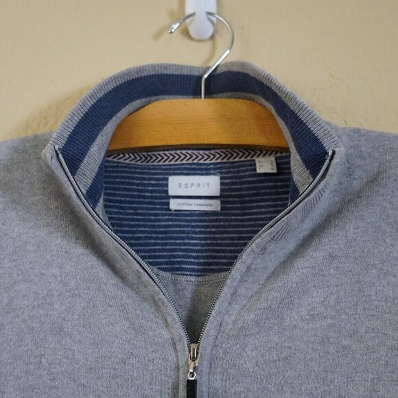 Esprit Men's Cotton Cashmere Full Zip Heather Grey Jacket S Stripe Contrast - Picture 2 of 10